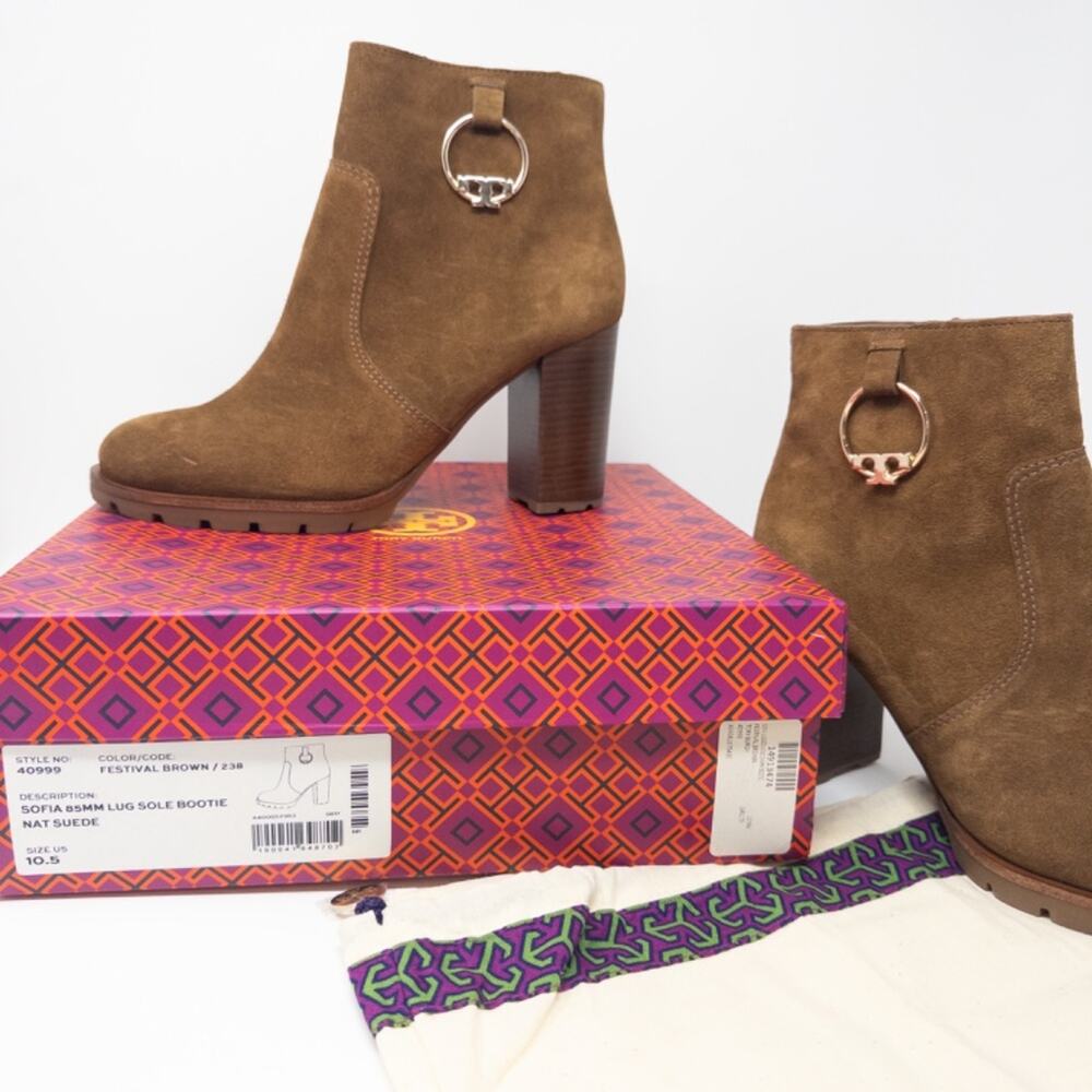 Tory Burch Sofia Lug Sole Bootie Natural Suede Festival Brown 85mm Womens Size 1 - Picture 8 of 8